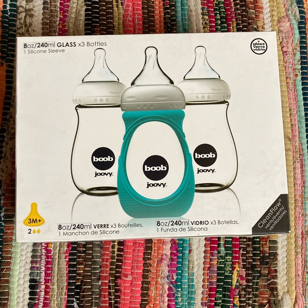 Joovy Boob 3 pack 3m+ glass baby bottles with teal silicone sleeve